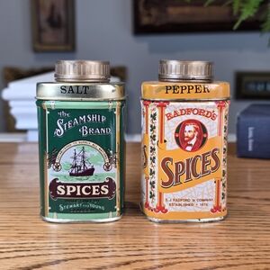Vintage Radford’s Spices & Steamship Brand Salt & Pepper Tin Shakers - Set of 2